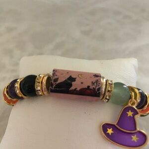 Unique Purple Cat Bead Bracelet with Witch Hat Charm